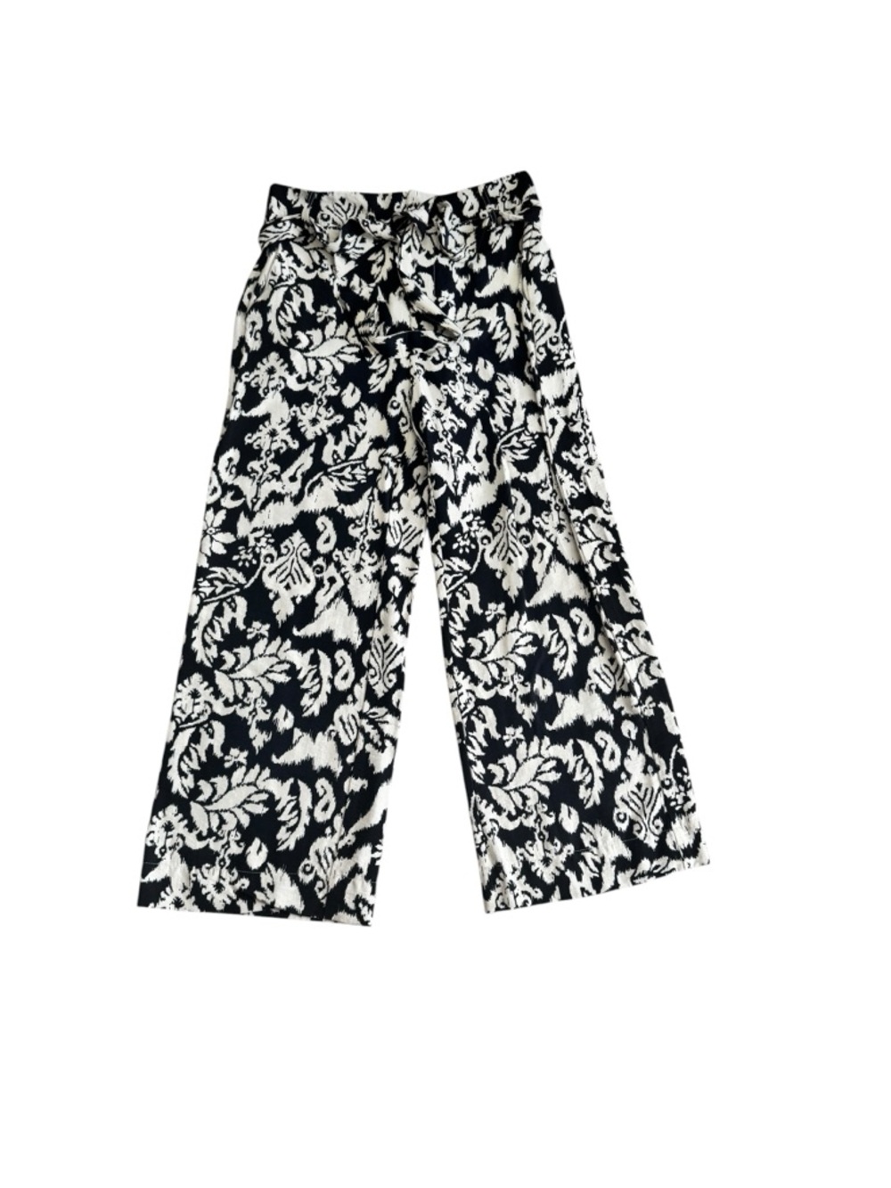 Black and White Floral Wide-Leg Pants linen blend elastic waist